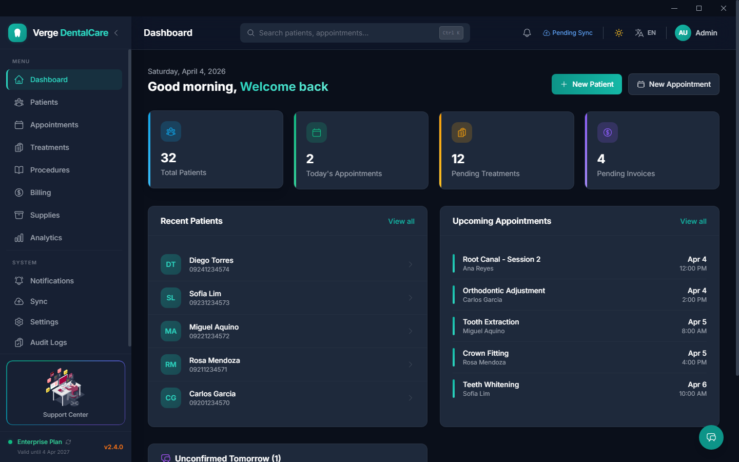 Dashboard — at-a-glance view of today's appointments, patient flow, and clinic performance