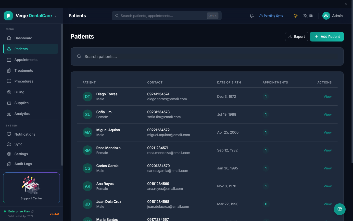 Patients — complete patient database with quick search and status filters