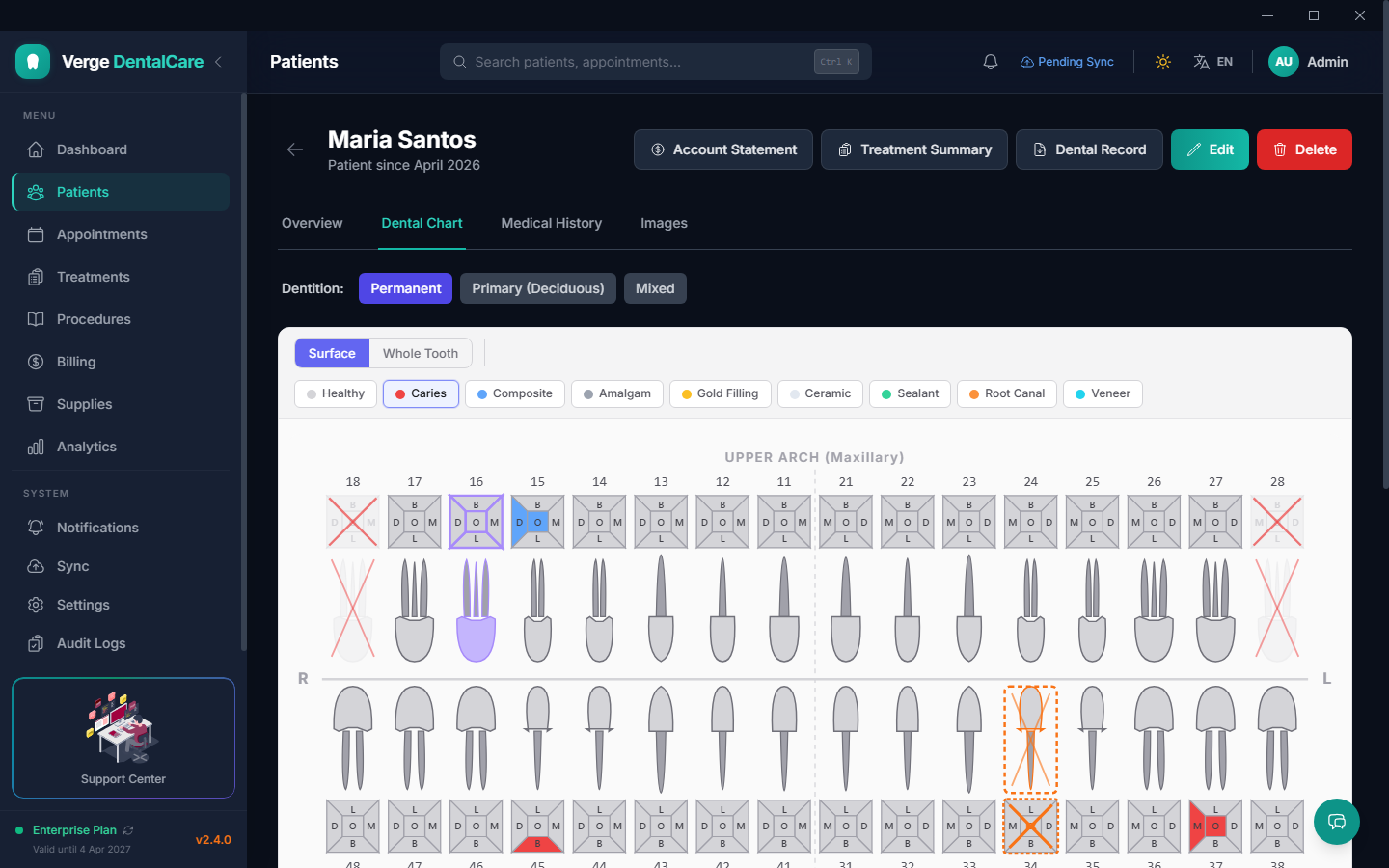 Dental Chart — full tooth-by-tooth charting with treatment history and condition tracking