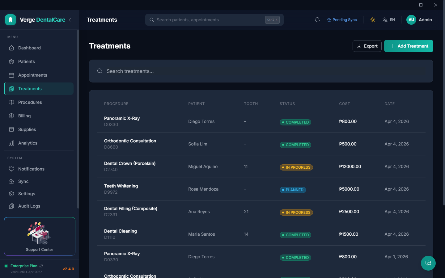 Treatments — plan, track, and document every procedure from consultation to follow-up