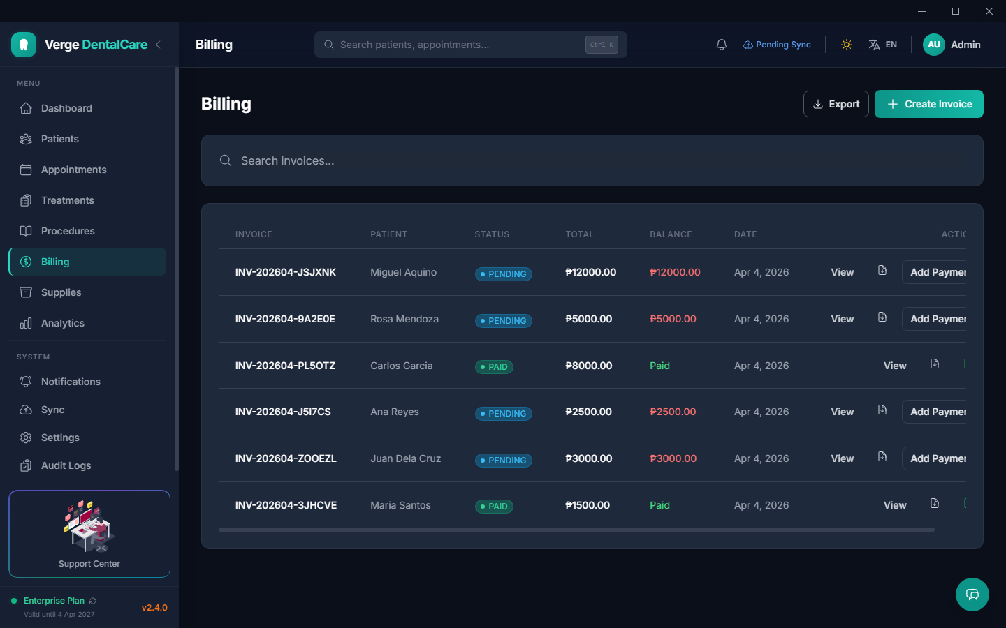 Billing — generate invoices, track payments, and monitor outstanding balances